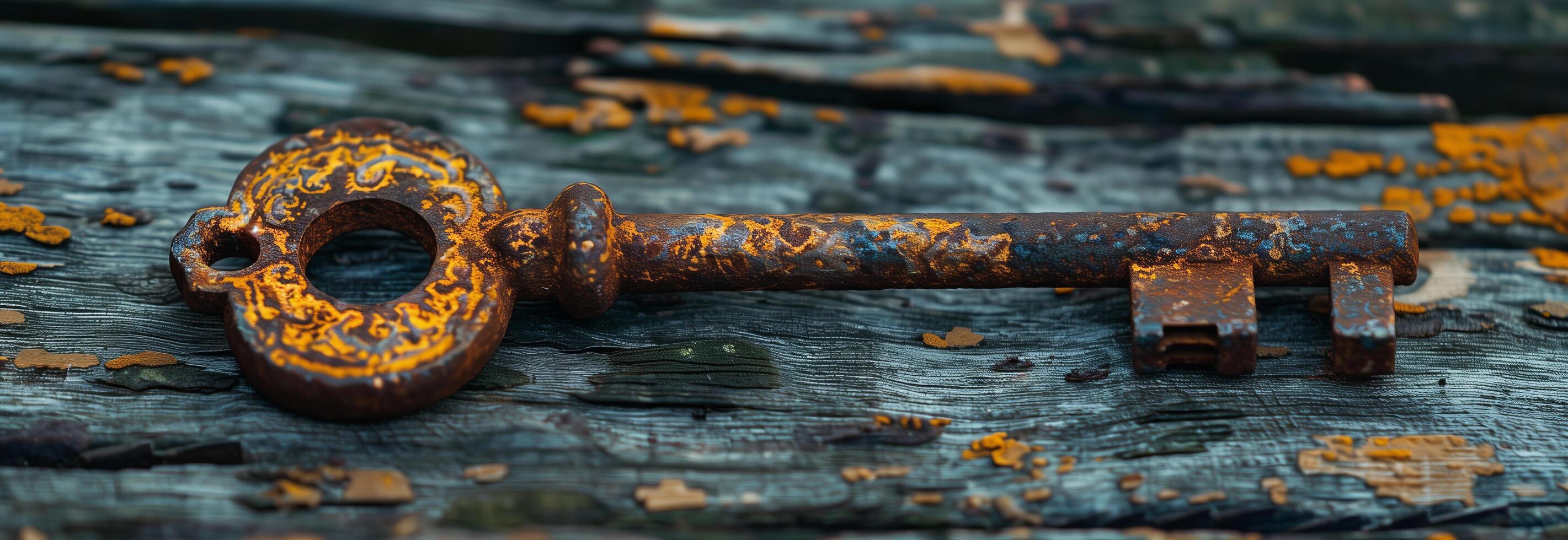 An old rusty key laying on a piece of wood photo
