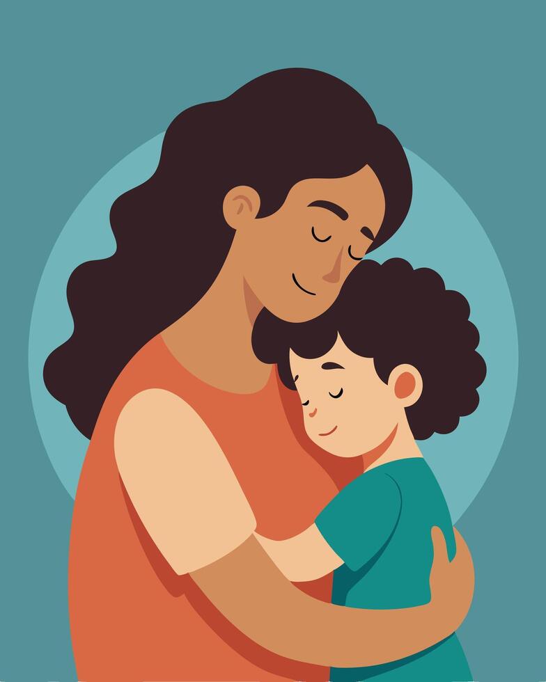 Happy Mothers Day Illustration Mother Hugging Her Child In A Warm Embrace vector