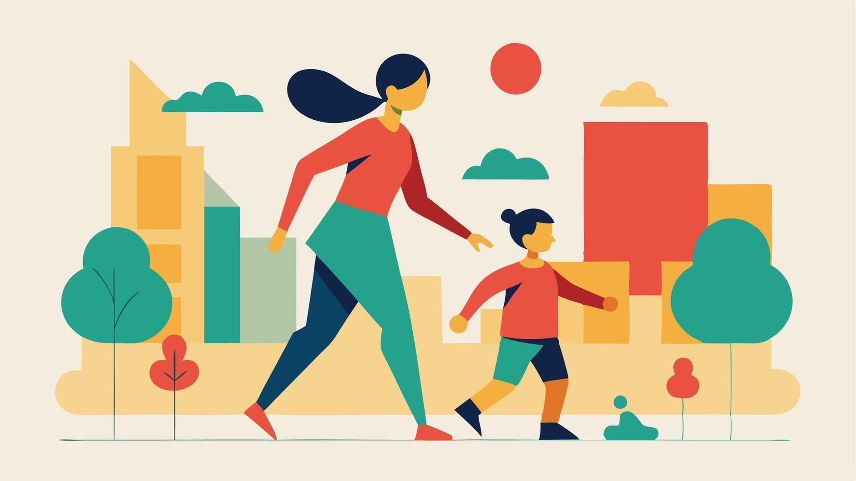 Flat Illustration Showing Mother and Child Actively Playing Tag in a Contemporary Urban Park vector