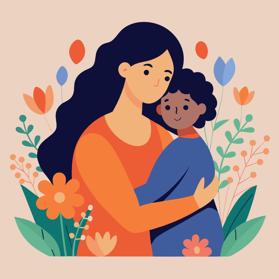 Warm Mothers Day Illustration of a Mother Embracing Her Child Amid a Joyful Celebration of Love vector