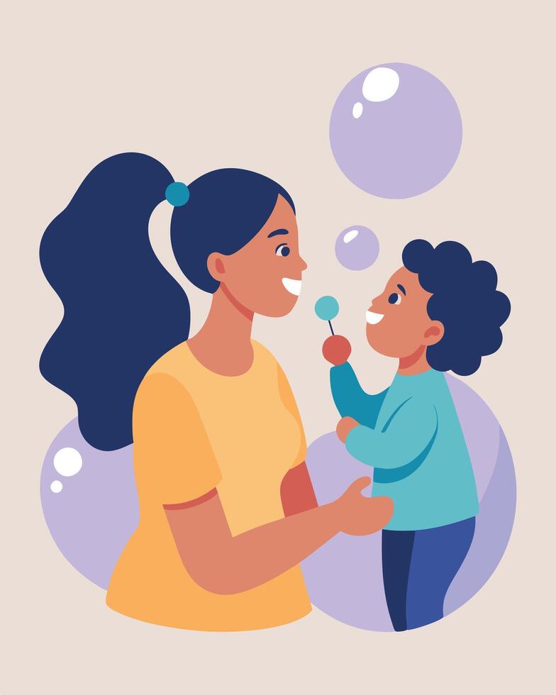 Mother And Child Enjoying Playful Moments Blowing Bubbles Outdoors vector