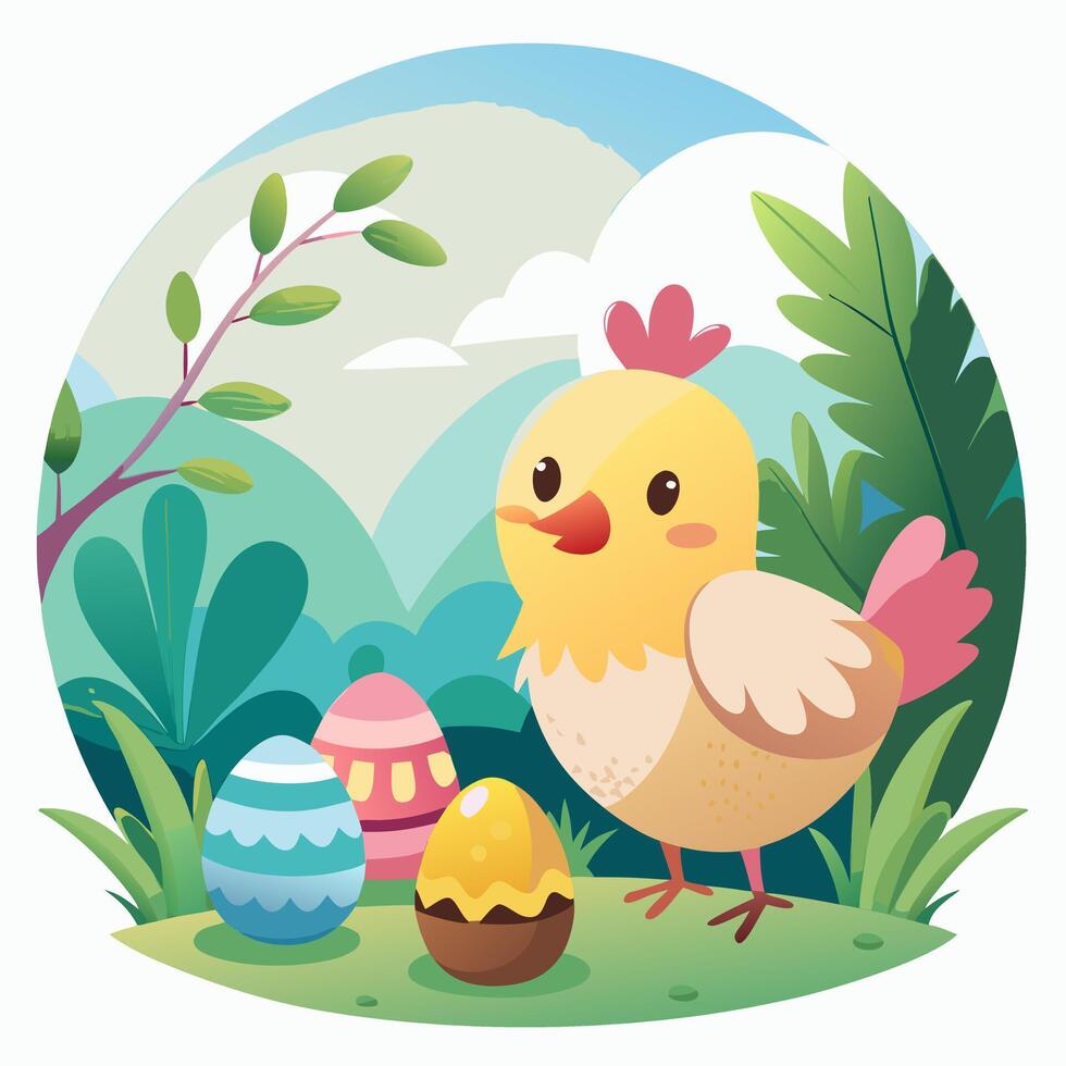 Pastel Easter Egg and Flat Lay. Spring Holiday Design art card cute happy bunny chick image vector