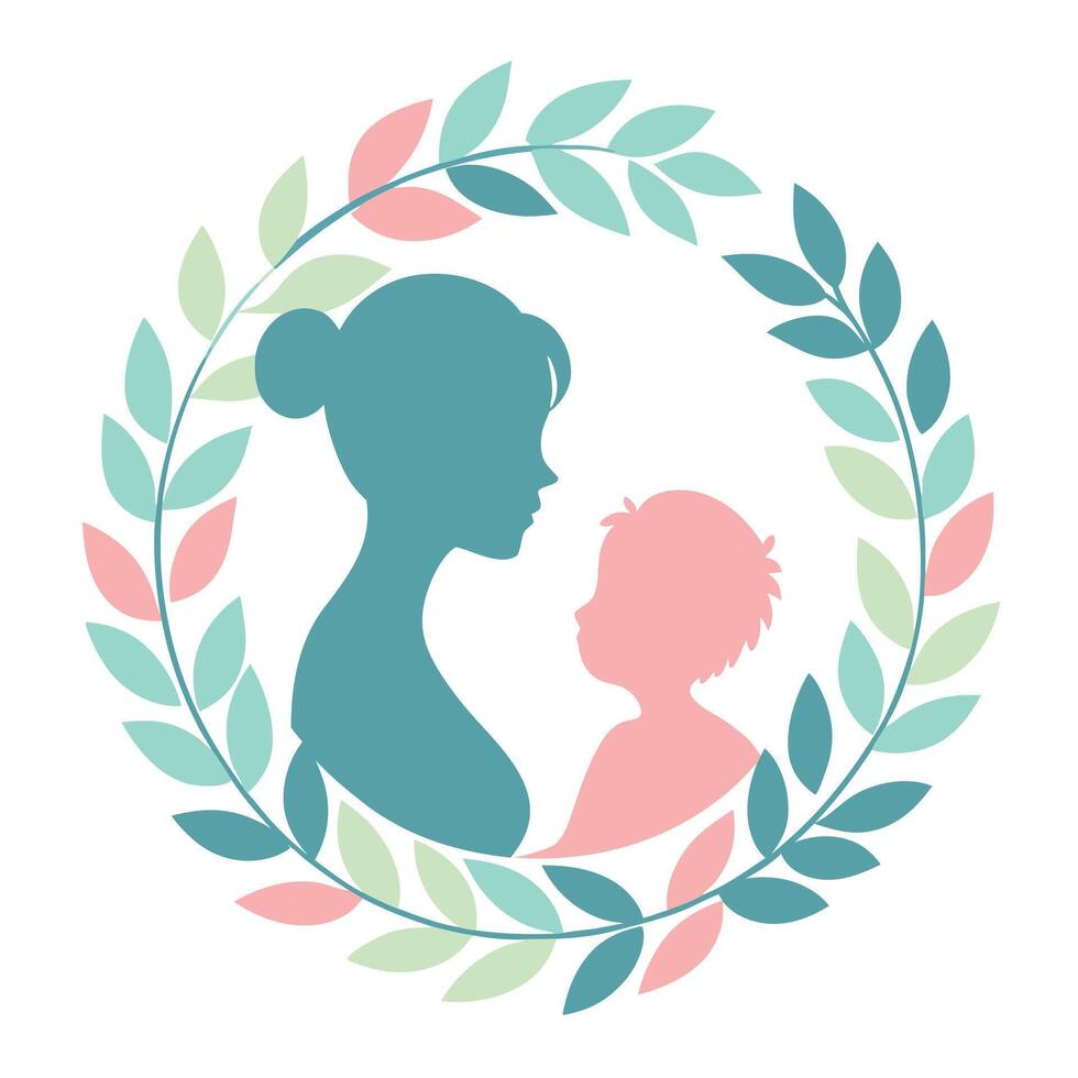 Simple floral wreath encircling a mother and child on Happy Mother's Day vector