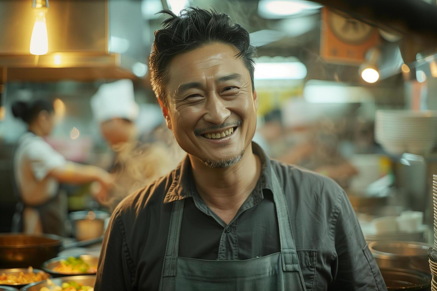 A smiling man in a kitchen with food photo