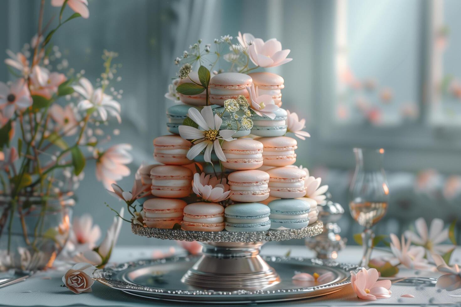 A cake with macarons and flowers on top of a table photo