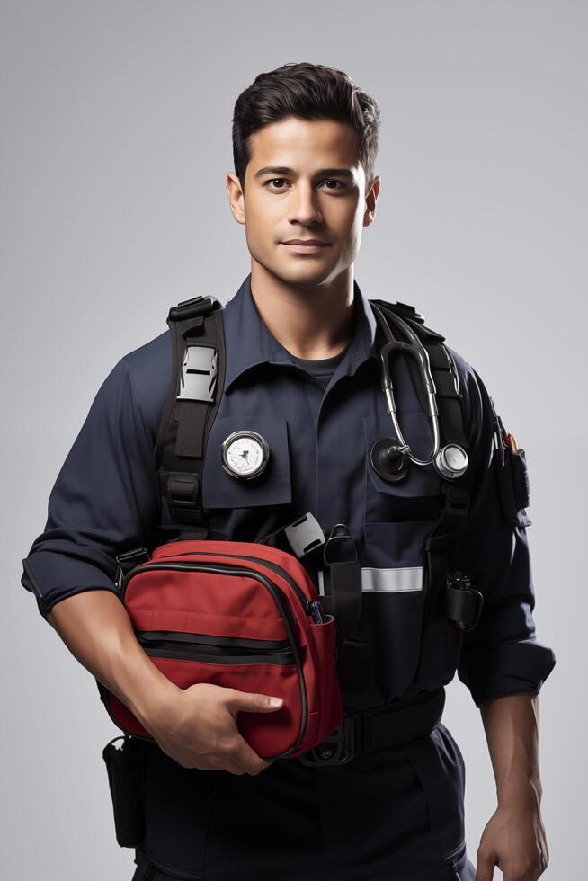 A male paramedic in a uniform holding a red bag photo