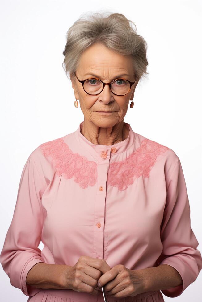 An older woman wearing glasses and a pink shirt photo