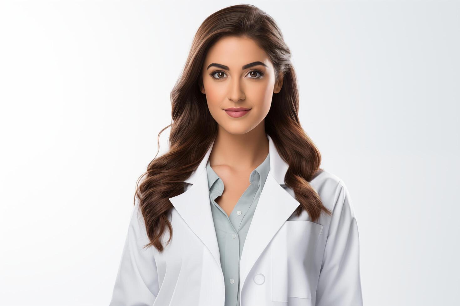 A woman in a lab coat standing in front of a white background photo