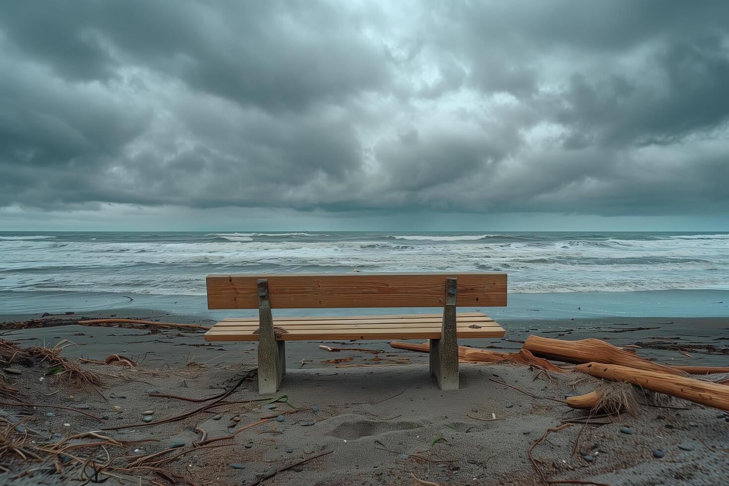 A bench sitting on a beach under a stormy sky photo