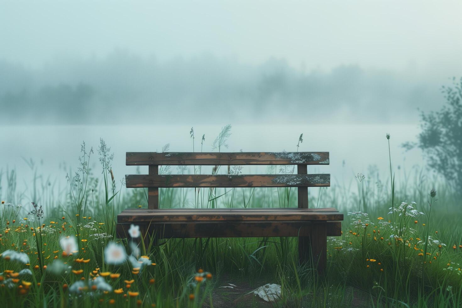 A bench sits in the middle of a field with flowers photo