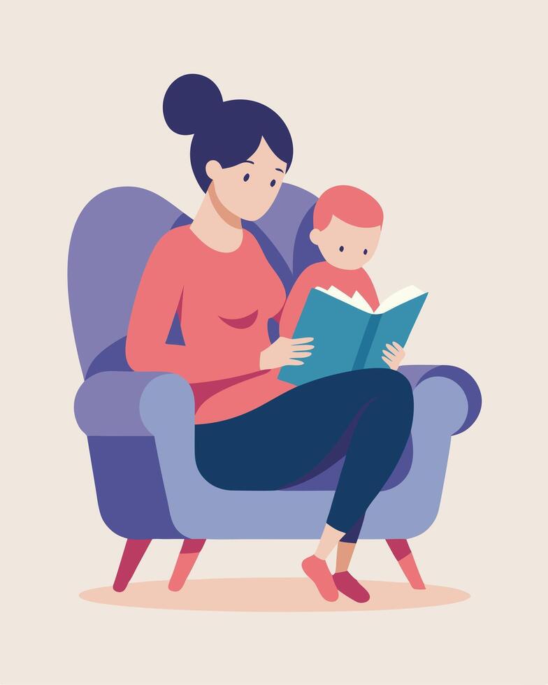 Happy Mothers Day Illustration Mother Reading To Her Baby In Comfortable Armchair vector