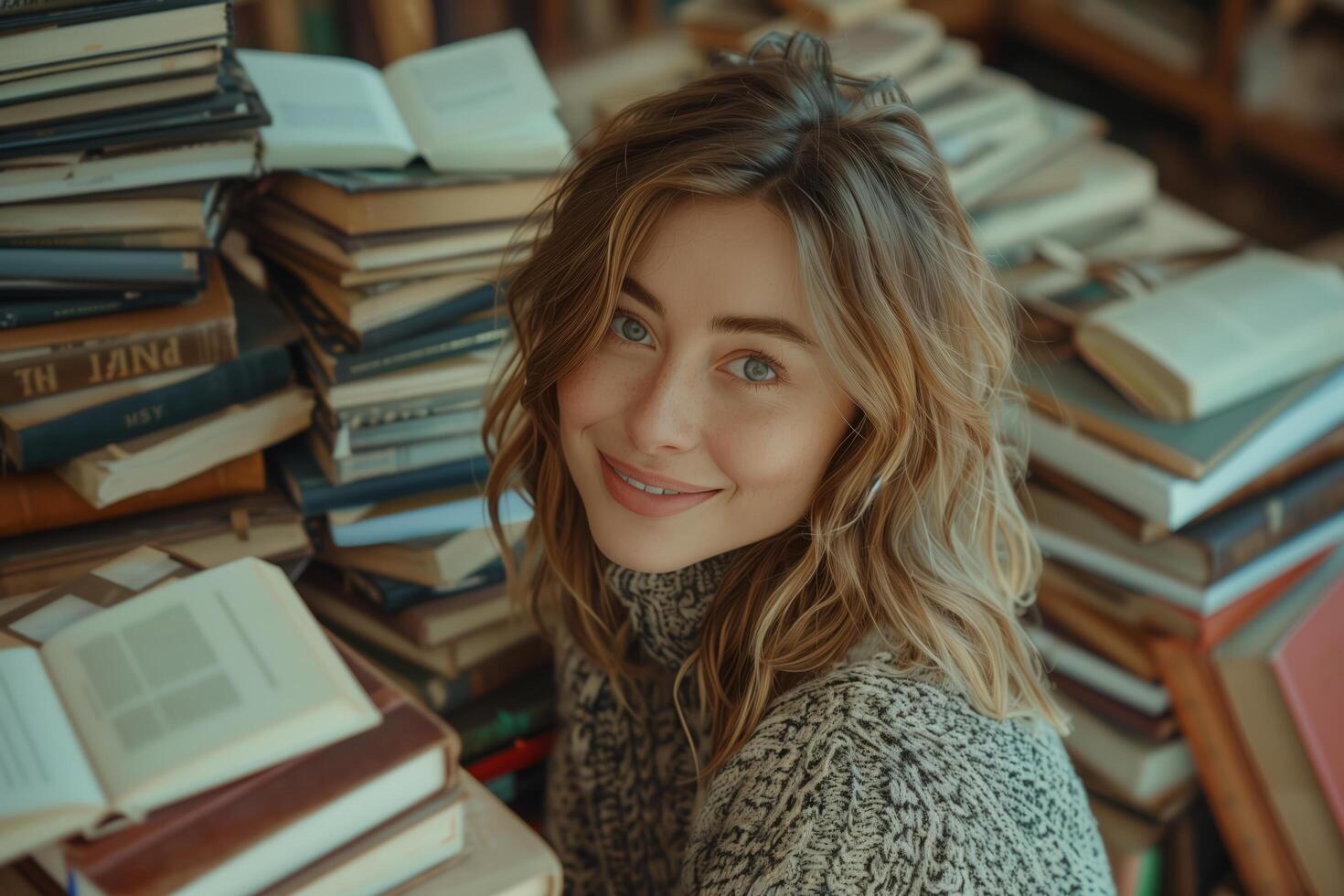 A woman smiling in front of a pile of books photo