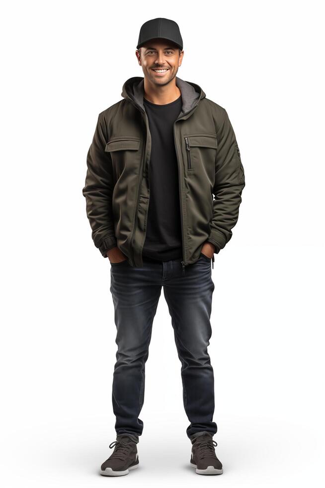 Man in a hoodie and jeans standing in front of a white background photo
