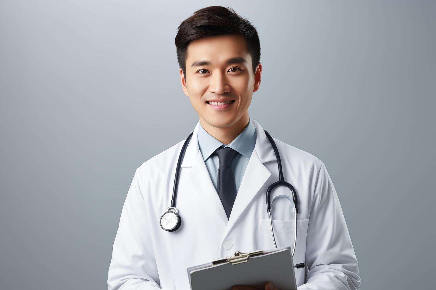 Asian male doctor holding clipboard and smiling photo