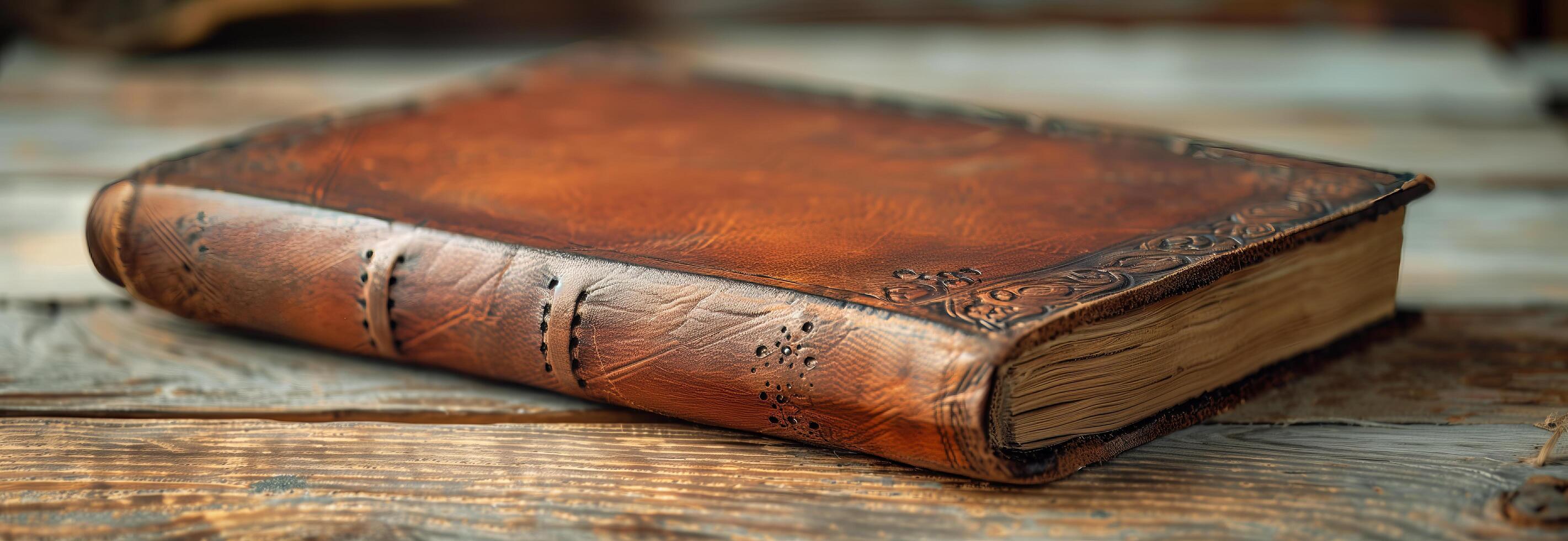 An old leather book on a wooden table photo
