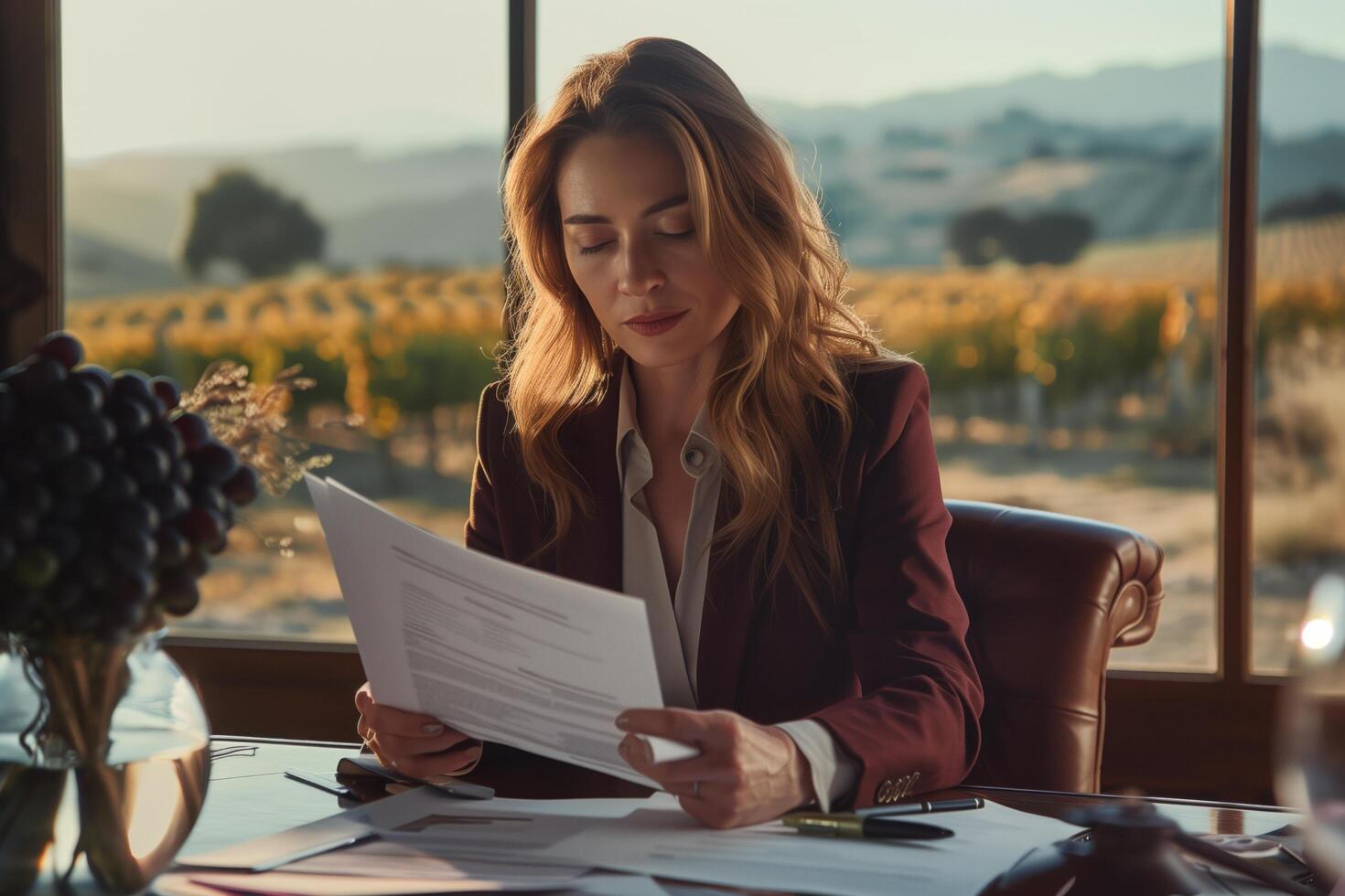 A woman in a business suit is reading a document photo