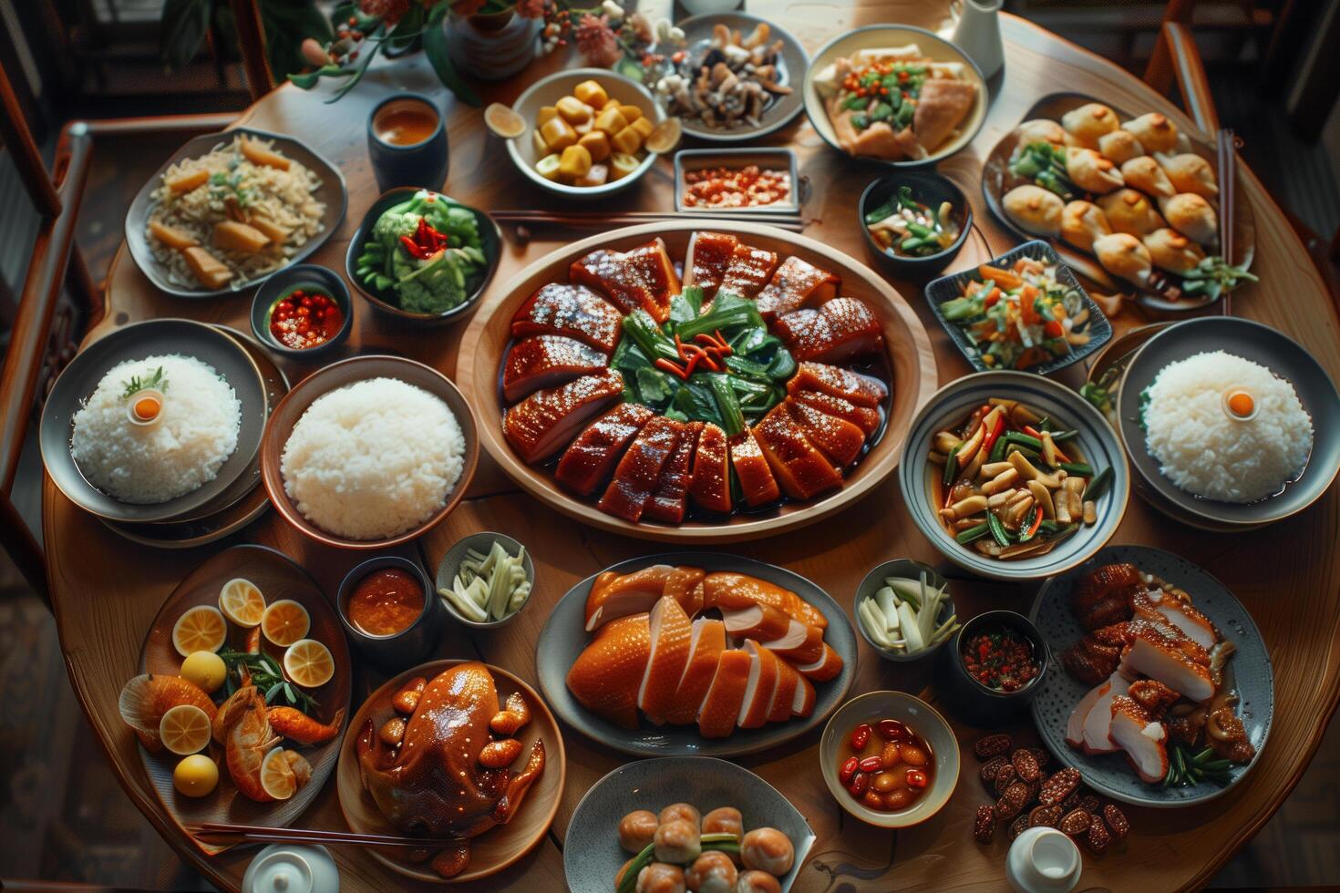 A large round table with many different types of food photo