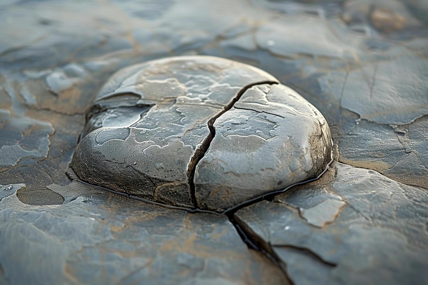 A rock with a crack in it sitting on a rock photo