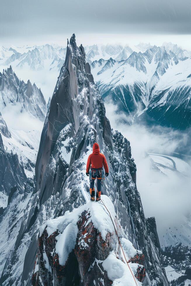 A man standing on top of a mountain with snow photo