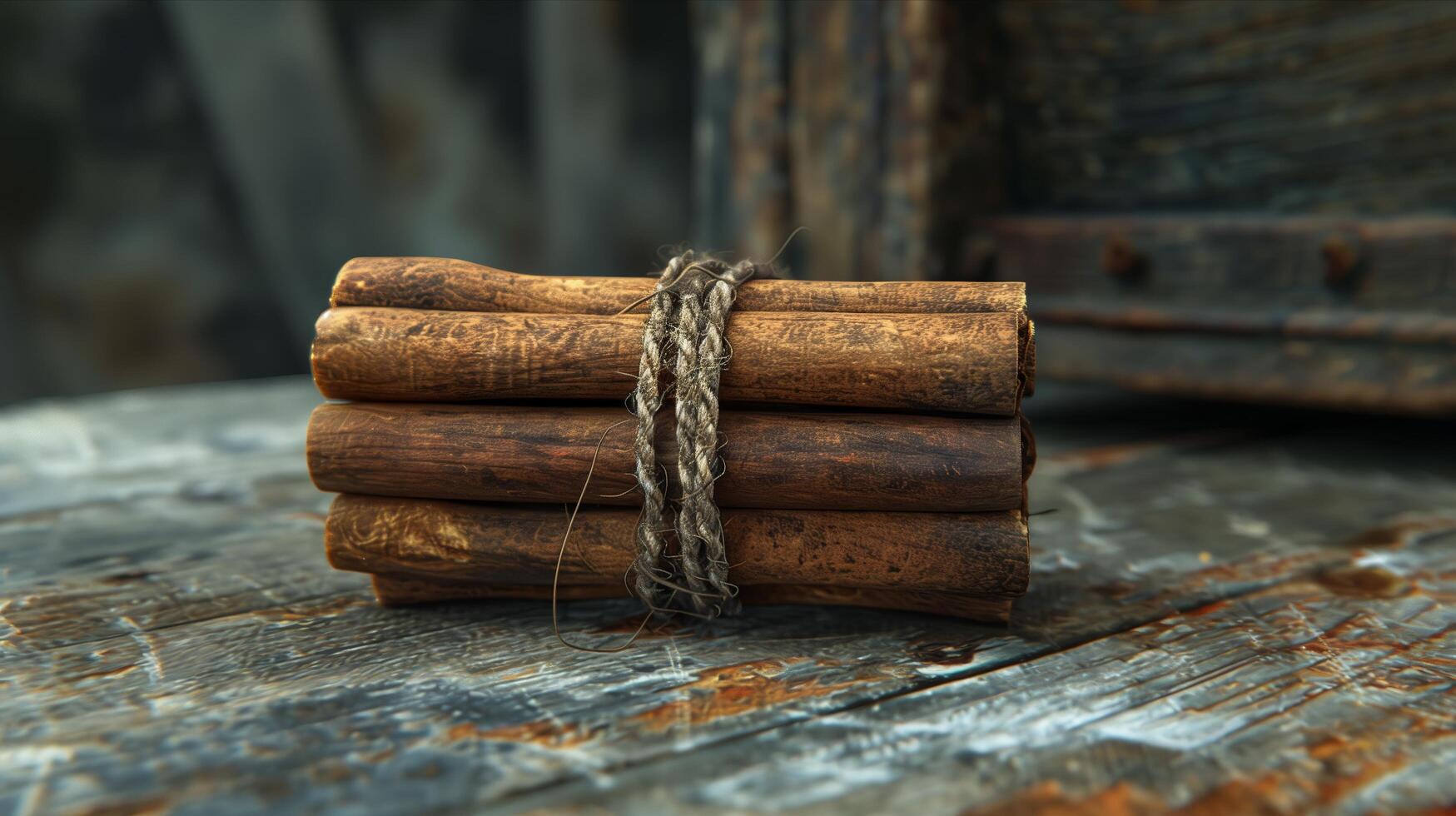 A bunch of cinnamon sticks tied together on a wooden table photo