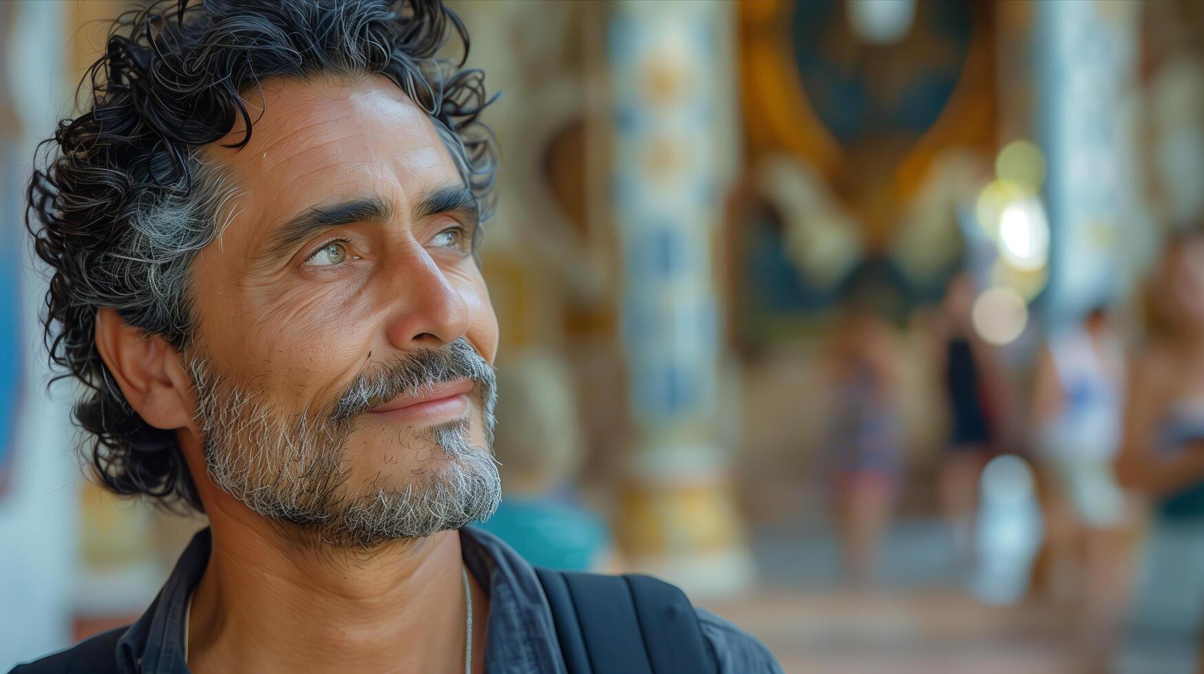 A man with curly hair and a beard looks up photo