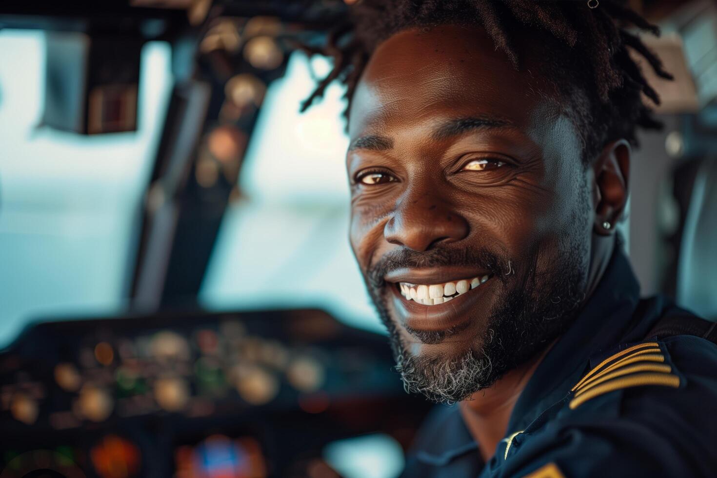 A smiling black man in the cockpit of an airplane photo