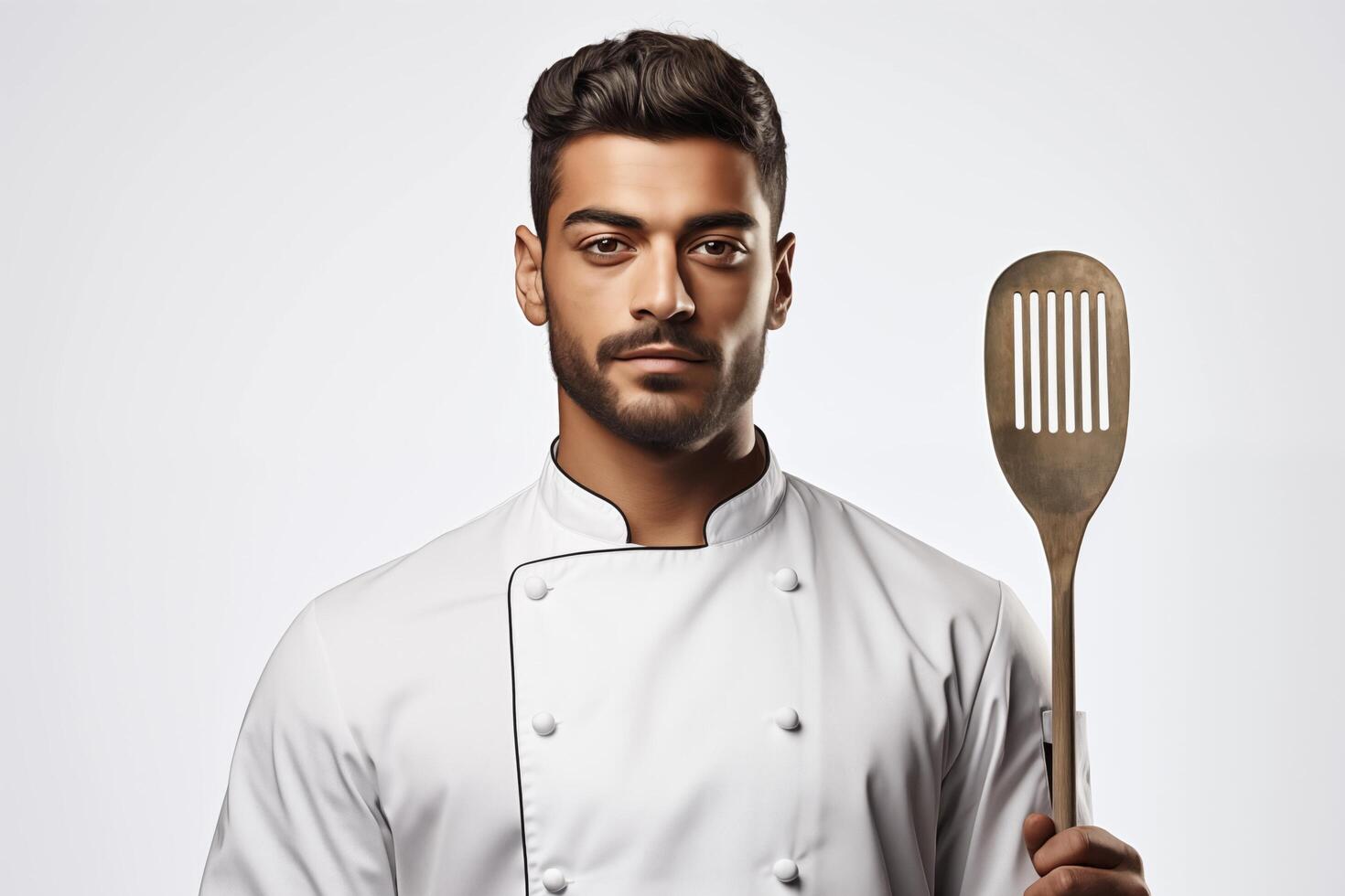 A man in a chef's uniform holding a spatula photo
