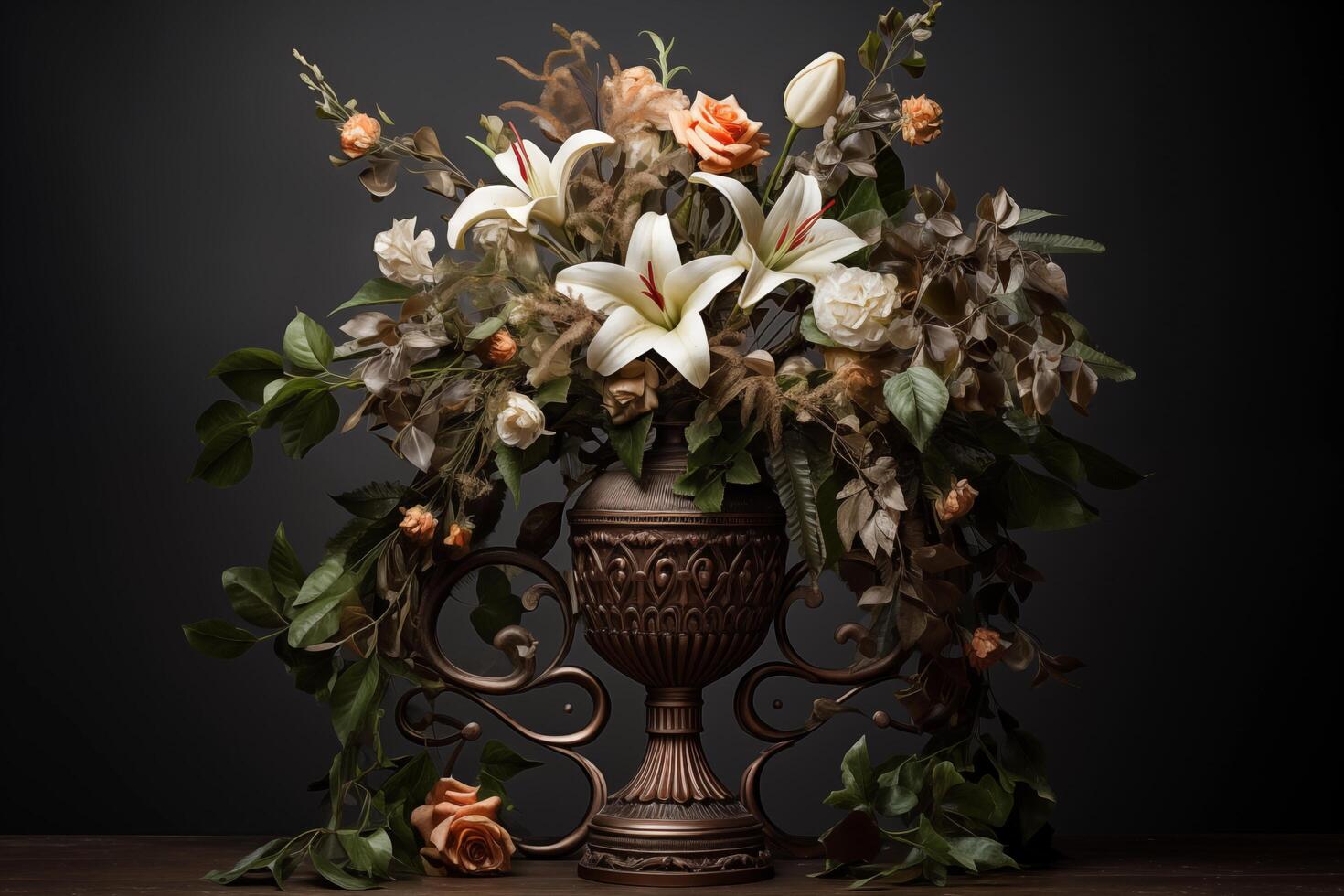 A vase with flowers and leaves on a table photo