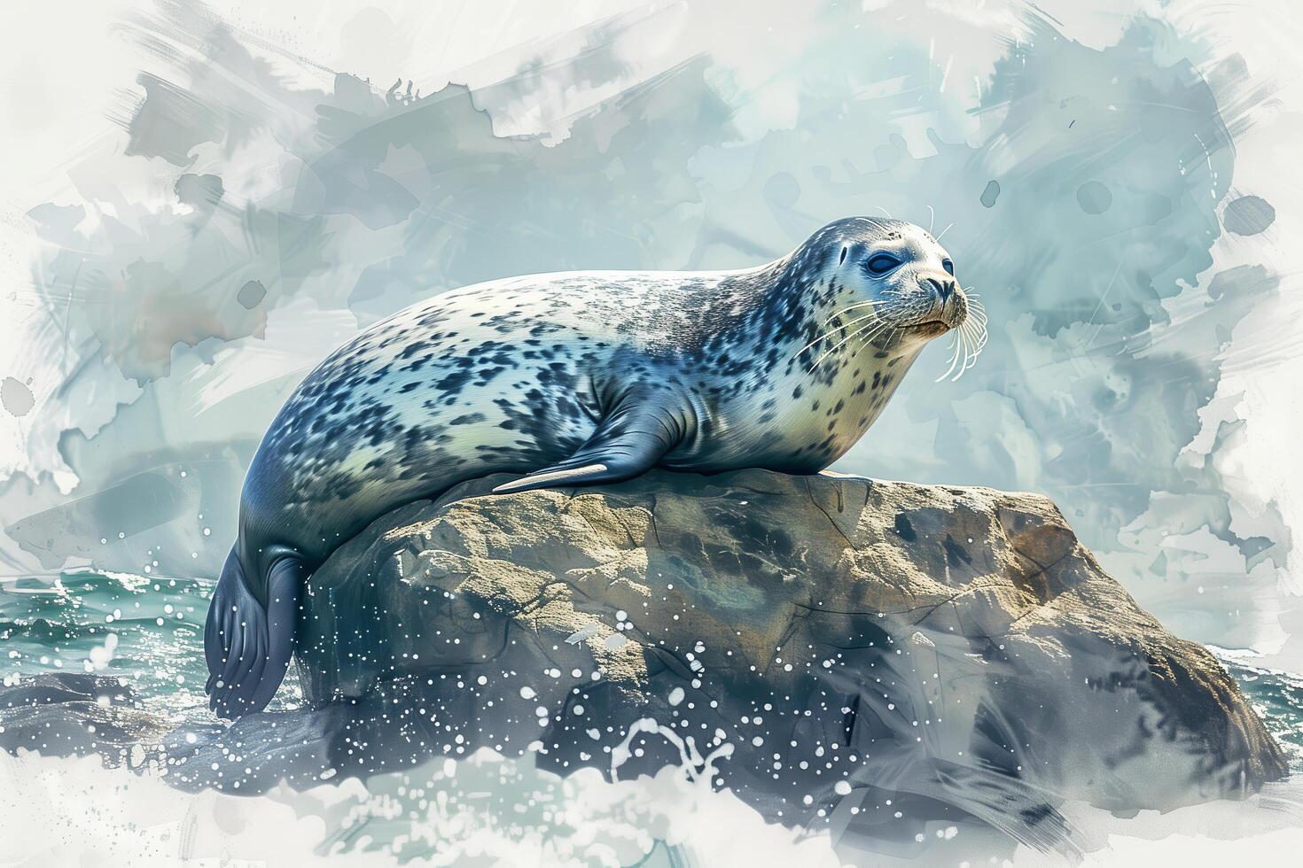 A painting of a seal sitting on a rock photo