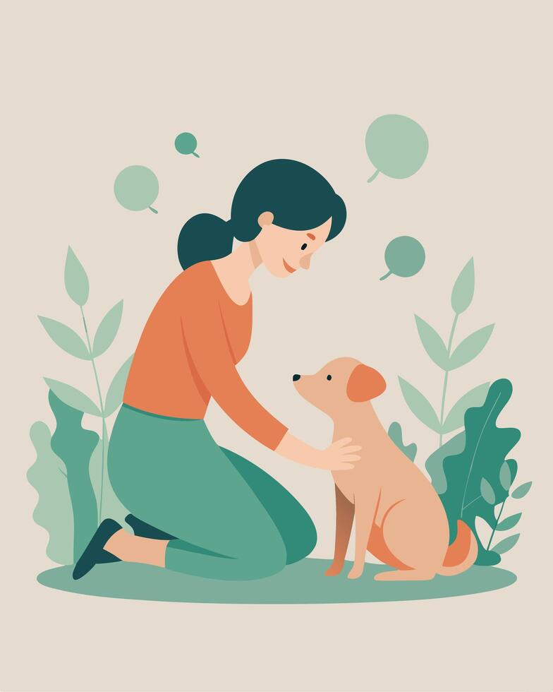 Cheerful Mothers Day Illustration Mother and Child Playing Gently with a Puppy Outdoors vector