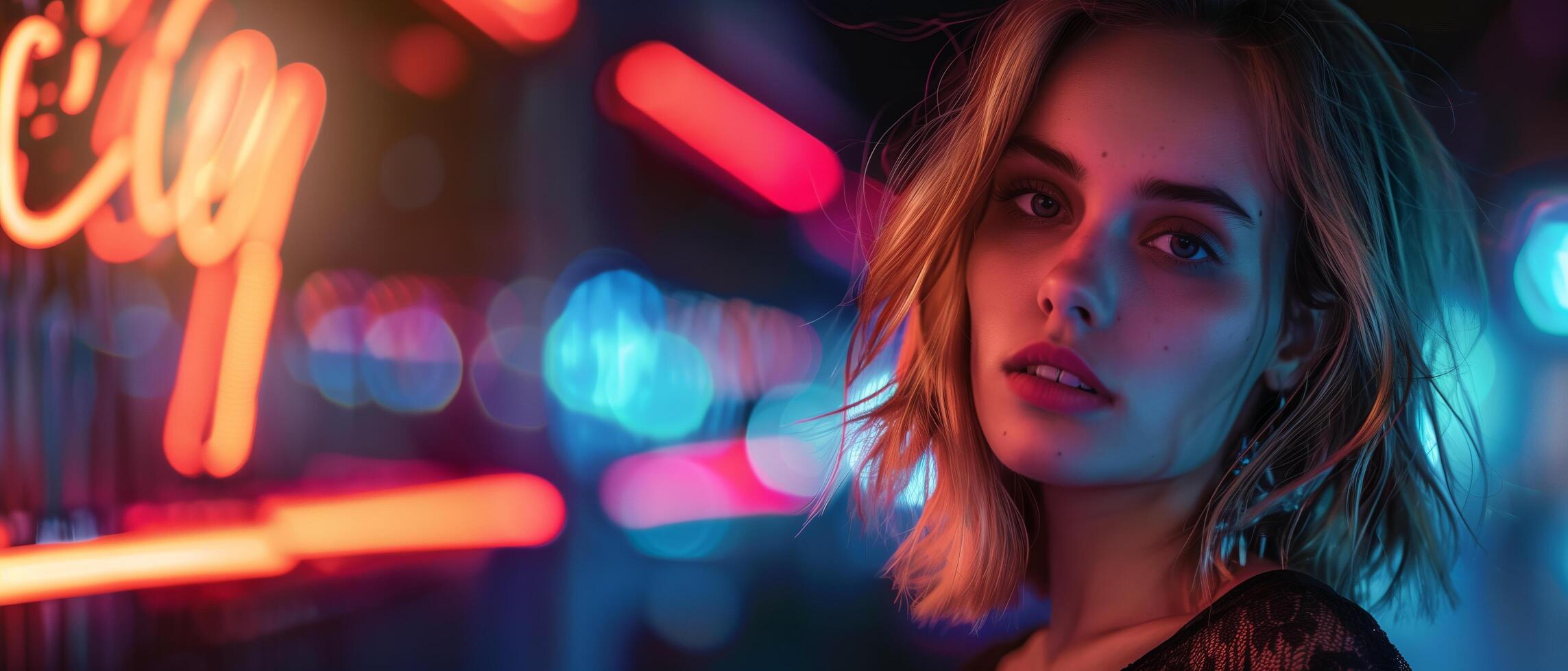 A woman in front of neon lights photo
