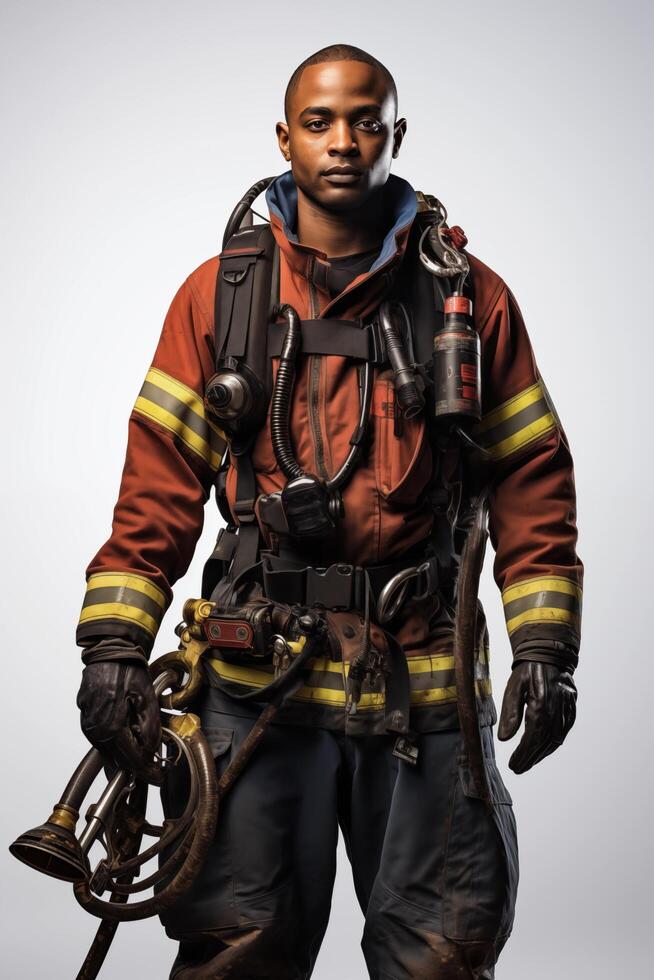 A black man in a fireman's uniform holding a hose photo