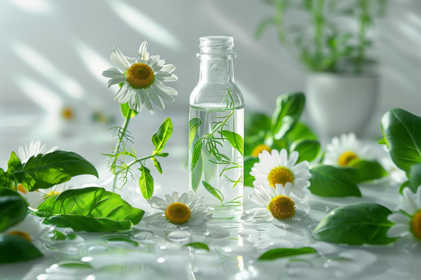 A bottle of essential oil with daisies and leaves photo