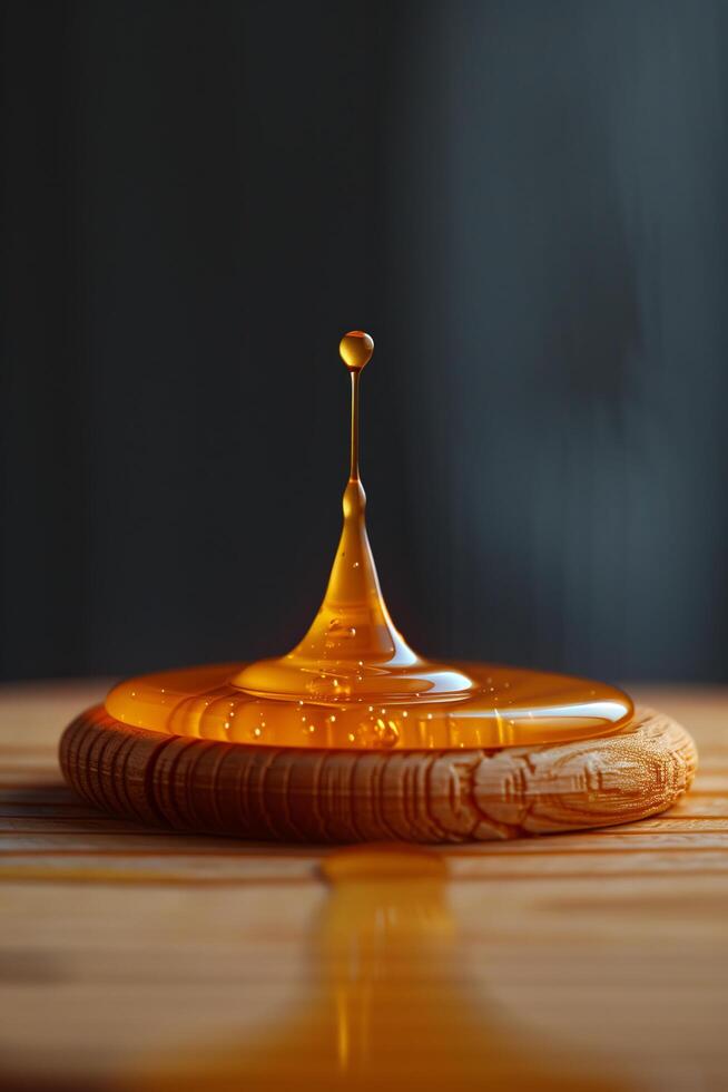 A drop of honey is sitting on top of a wooden table photo