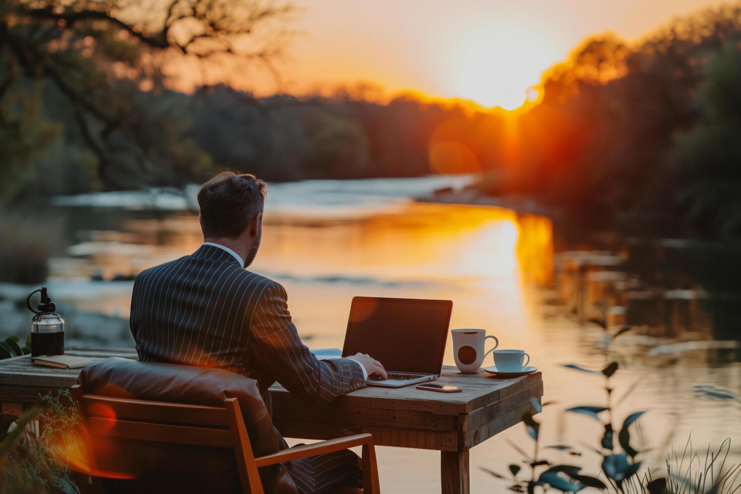 A man in a suit sitting at a table with a laptop photo