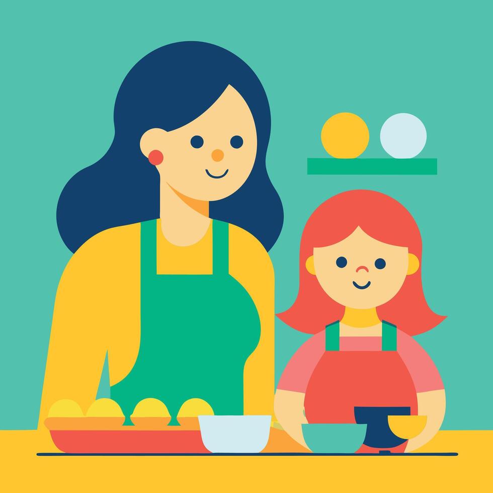 Cheerful Flat Color Illustration of a Mother and Daughter Joyfully Baking on Mothers Day vector