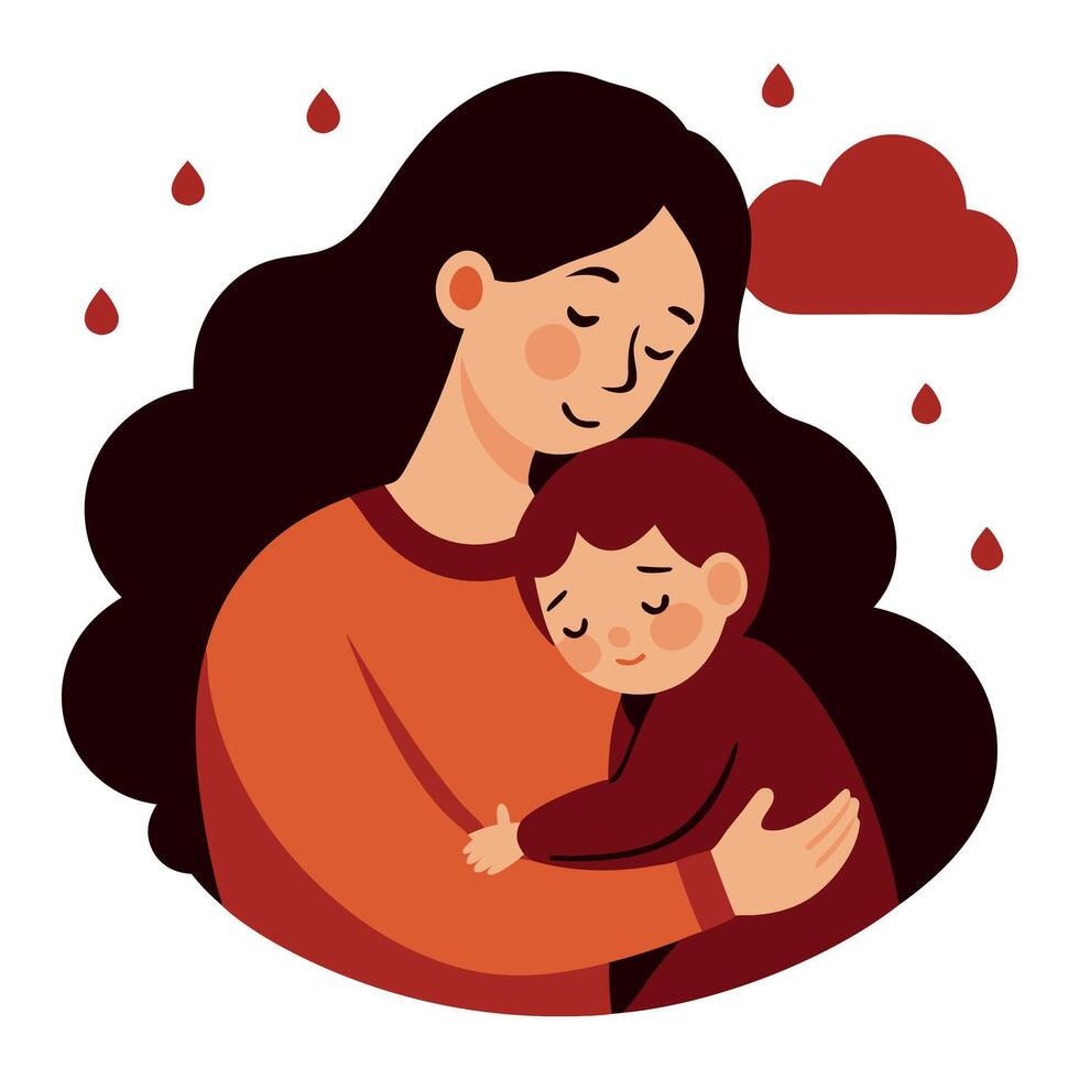 Cozy Mothers Day Illustration of a Mother Cuddling Her Child on a Rainy Afternoon with Warm Embrace vector