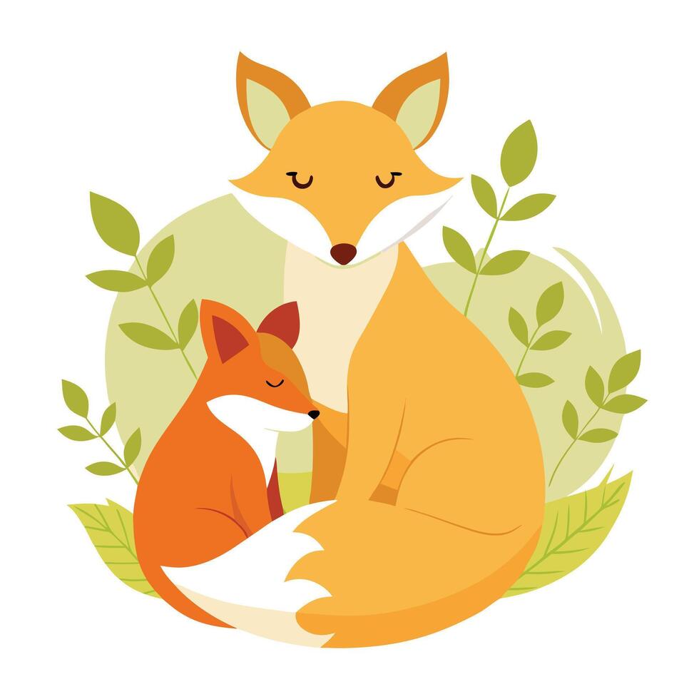Adorable illustration of a mother and baby fox snuggling with a leaf on Happy Mother's Day vector