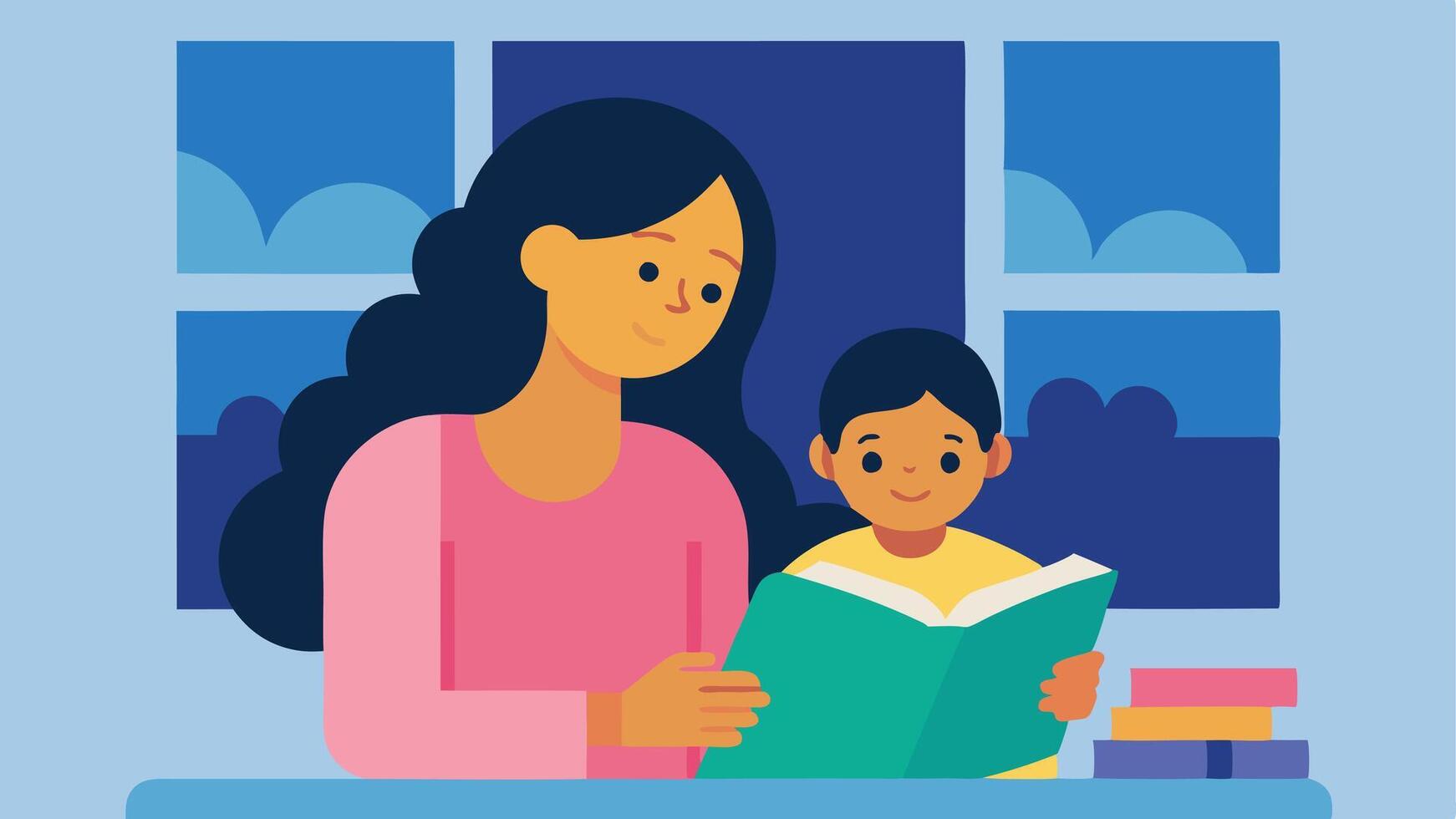Mothers Day Flat Illustration of a Mother Reading a Bedtime Story to Her Child vector