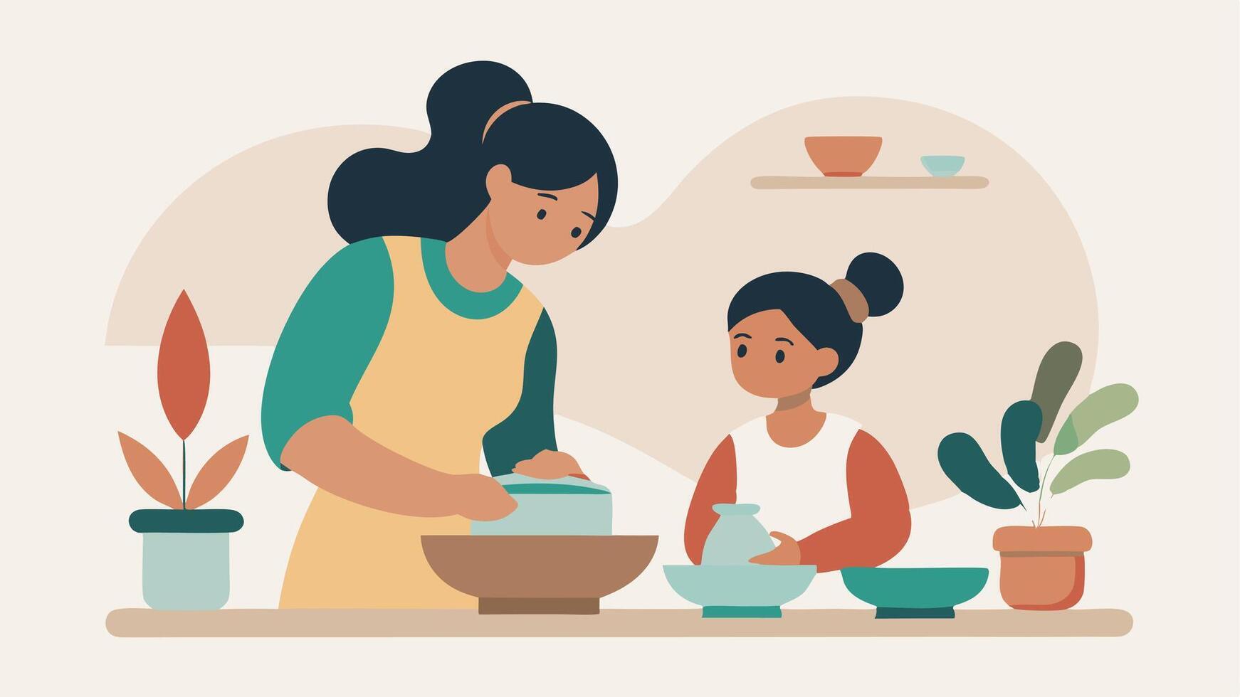 Flat Illustration Depicting Mother and Daughter Engaged in Contemporary Pottery Making Session vector