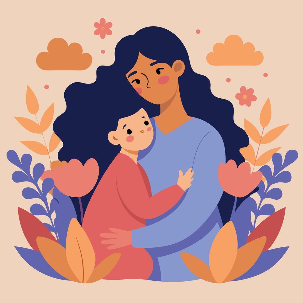 Mother and child hugging in the garden, mother and child, mother and child, mother and child vector