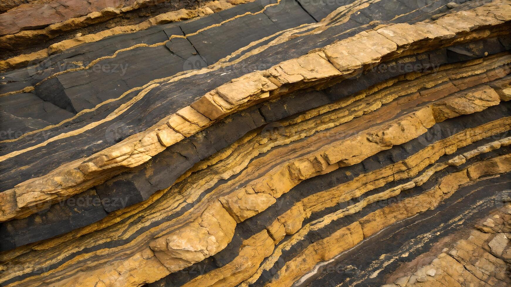 Layered rock formations with vibrant colors in natural landscape for educational content photo