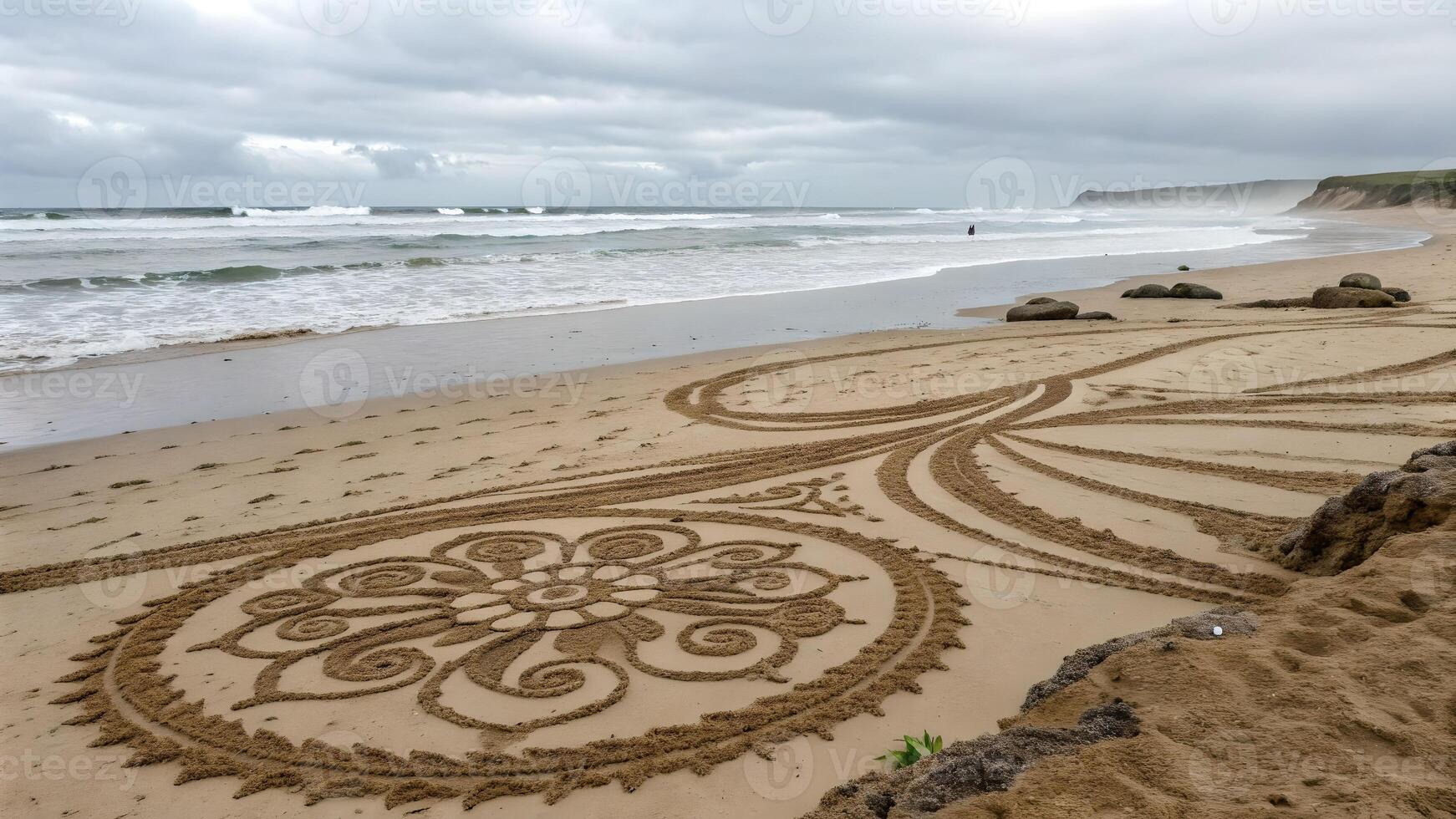 Spiral Sand Artwork Intricate Patterns on Serene Beach for Nature Lovers and Travel Enthusiasts Seeking Peaceful Coastal Scenes photo