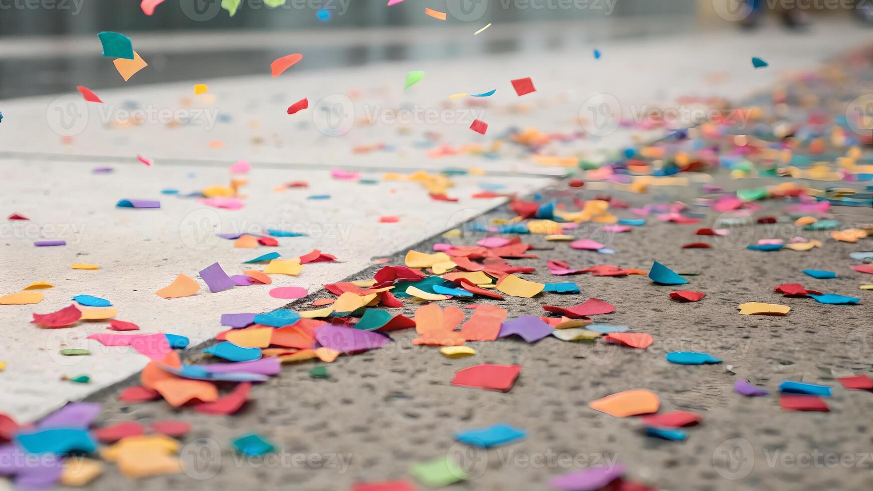 Colorful confetti scattered joyfully on urban streets for festive celebrations event planners. Vibrant paper pieces add excitement to city parties, perfect for designers seeking lively visuals. photo