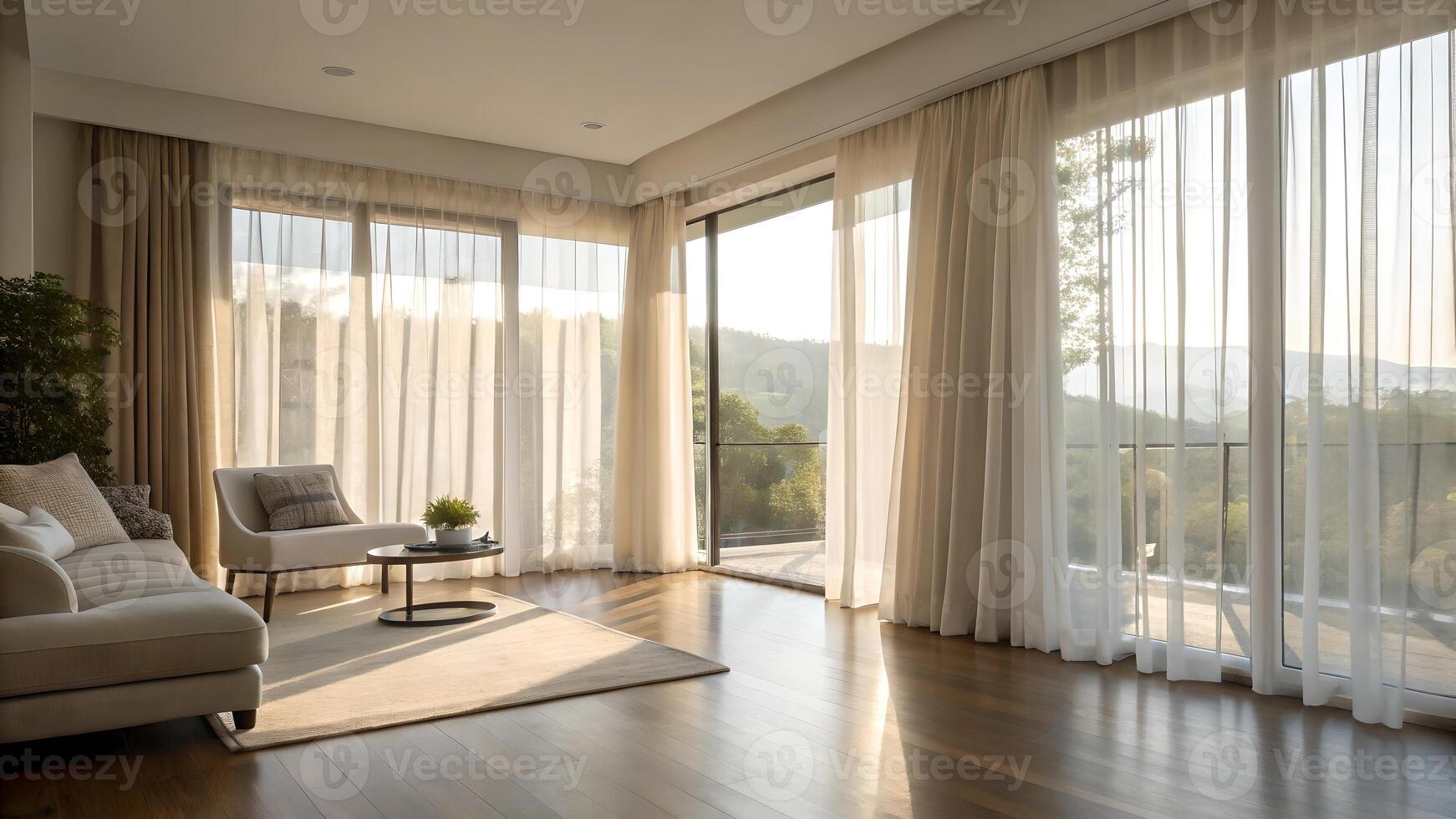 Modern living room with large windows and scenic view for interior design enthusiasts photo