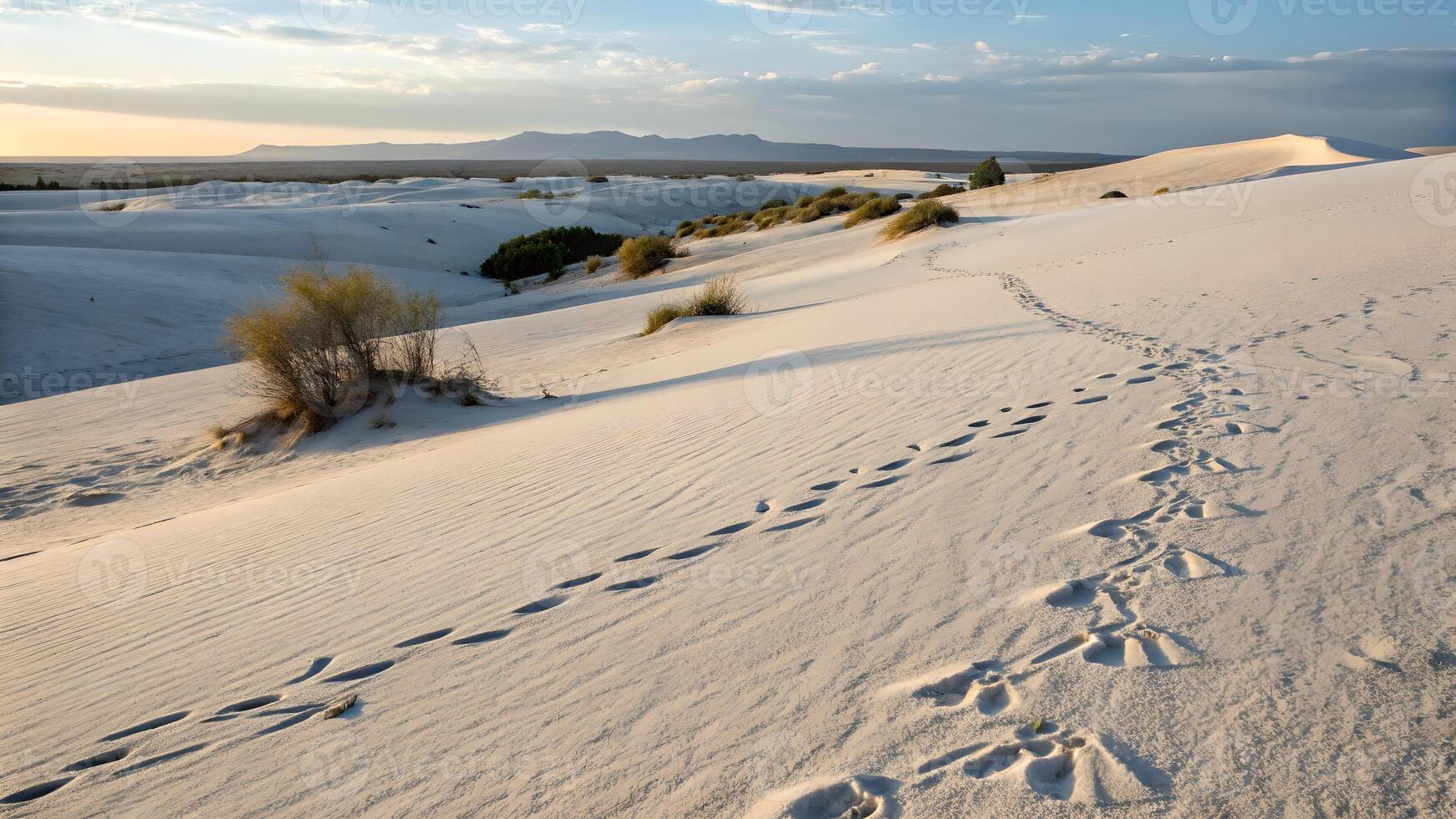 Sandy Dunes with Footprints at Sunset in Desert Landscape for Nature Enthusiasts and Travelers Seeking Adventure and Serenity in Remote Areas photo