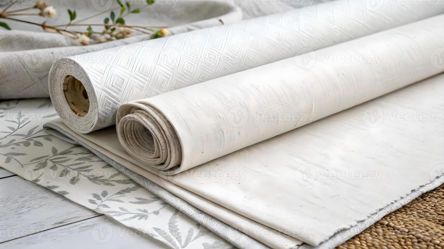 Fabric rolls with elegant patterns for home decor interior design enthusiasts. Soft textiles in neutral tones perfect for modern living spaces and DIY projects. photo