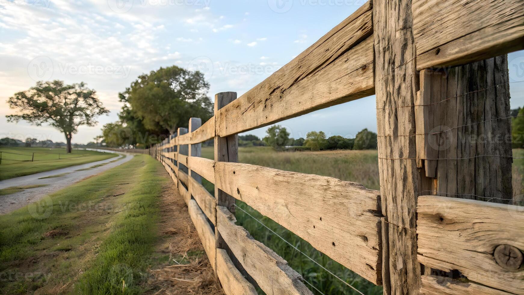 Rustic Wooden Fence in Serene Countryside Landscape for Nature Lovers and Farm Photography Enthusiasts photo