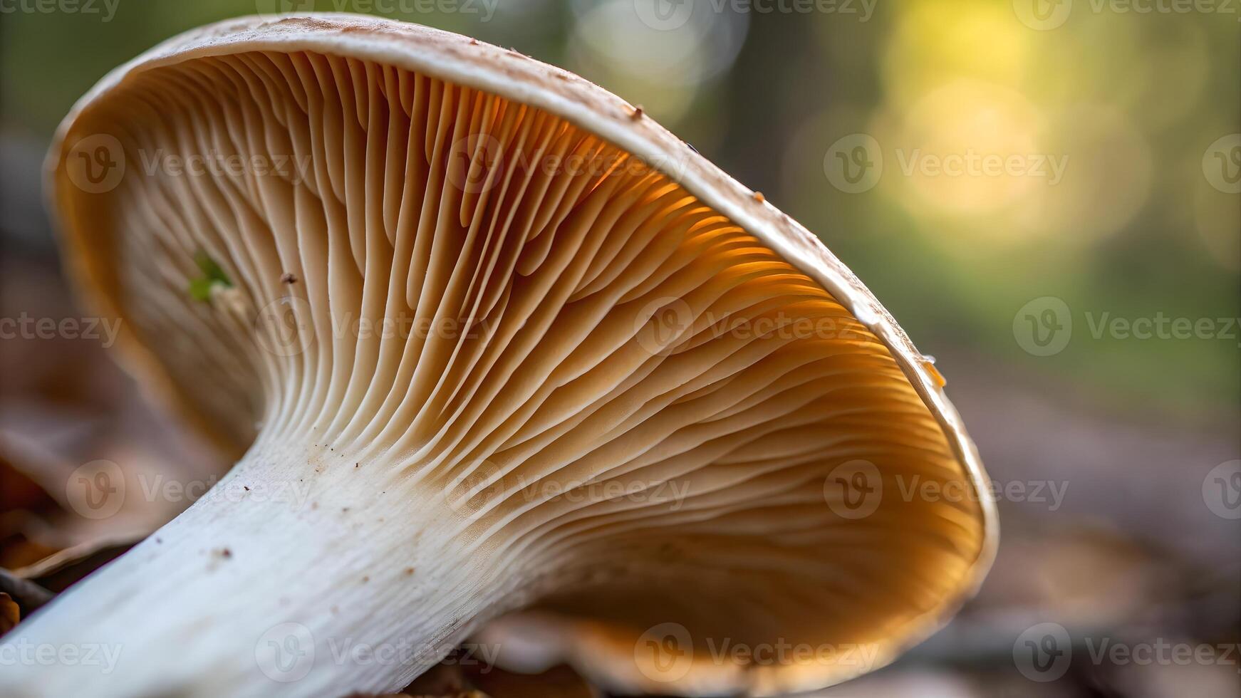 Mushroom with intricate gills in forest setting for nature enthusiasts and photographers seeking detailed botanical imagery photo