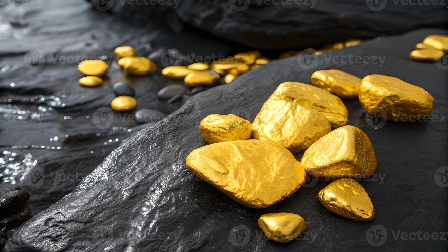 Shiny Gold Nuggets on Wet Rocks for Nature Photography Enthusiasts Discovering the Beauty of Precious Metals in Natural Settings photo